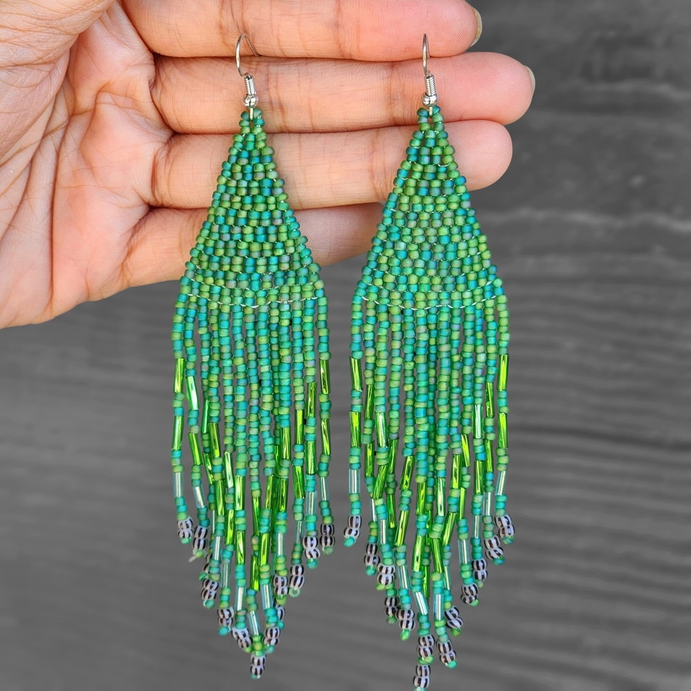 Soux Boho Fringe Beaded Earrings Handmade Jewelry Boheme - Green